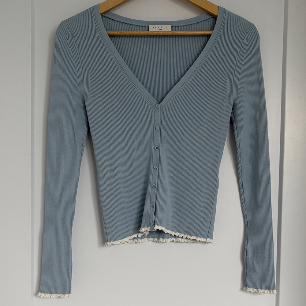 SANDRO Light Blue V-Neck Cardigan, Size 1 (Small)